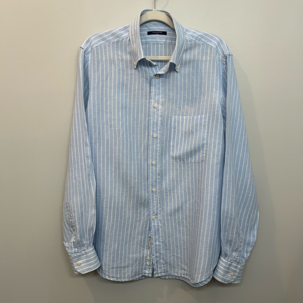 CAMICISSIMA Slim Italian Linen Button Down Long Sleeve Shirt Striped Siz…